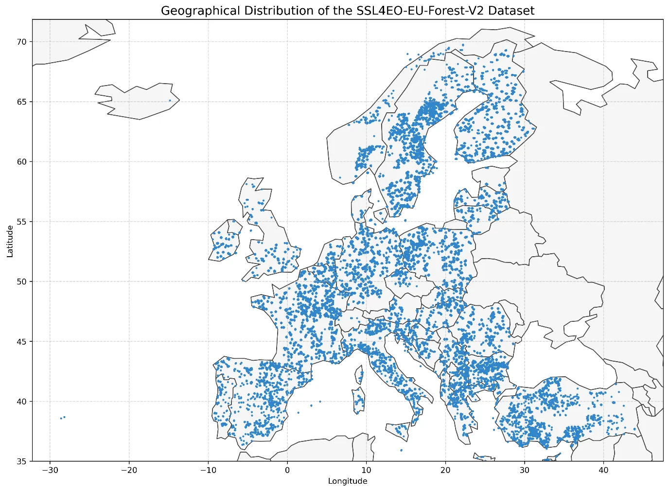 Geospatial sampling distribution of the SSL4EO-EU-Forest-V2 dataset